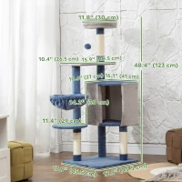 PawHut 48" Modern Cat Tree with Condo, Hammock, Perch, Sisal Scratching Posts, Toy Ball, for Indoor Cats, Blue and Grey(m-3)