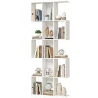 HOMCOM 5-Tier Bookshelf, S Shaped Geometric Bookcase with 15 Compartments, White Wood Grain(m-2)