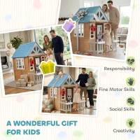 Qaba Wooden Kids Playhouse with Pet Door, Play Kitchen, Mailbox, Doorbell, Birdhouse, Fence and Windows for Pretend Play(m-7)