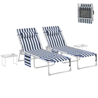 Outsunny Tanning Chair Set of 2 with Face Hole and Side Table, 5-Position Folding Outdoor Chaise Lounge Chair, Blue and White(m-1)