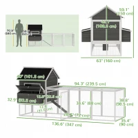 PawHut 137" Wooden Chicken Coop with Chicken Run, Nesting Box, Dark Grey(m-3)