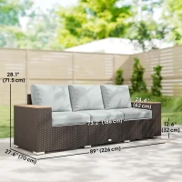 Outsunny 3-Seater Outdoor Sofa Couch, Wicker Patio Sofa with Wood Effect Armrests and Thick Cushions, Grey(m-3)