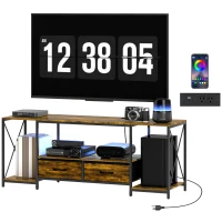 HOMCOM Industrial TV Stand for up to 55 Inch TV, TV Console with Charging Station and RGB LED Lights, Rustic Brown(m-2)