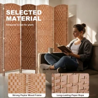 HOMCOM 6ft Folding Room Divider, 6 Panel Wall Partition with Wooden Frame for Bedroom, Home Office, Natural(m-6)