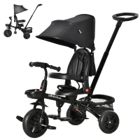 Qaba Tricycle for Toddler 4 in 1 Kids Trike with Reversible Adjustable Seat, Baby Push Bike with Removable Handle, Curved Canopy, Belt Storage Brake Clutch for 1-5 Years, Black(m-11)