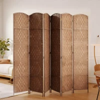 HOMCOM 6ft Folding Room Divider, 6 Panel Wall Partition with Wooden Frame for Bedroom, Home Office, Natural(m-8)