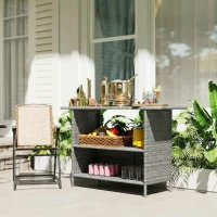 Outsunny Wicker Outdoor Bar Table, PE Rattan Bar Height Patio Table with 2 Shelves, Steel Frame for Garden, Backyard, Dark Grey(m-9)