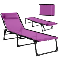 Outsunny Outdoor Folding Lounge Chair, 4-Level Adjustable Chaise Lounge with Headrest, Tanning Chair Beach Bed, Reclining Lounger Cot for Camping, Hiking, Backyard, Purple(m-2)