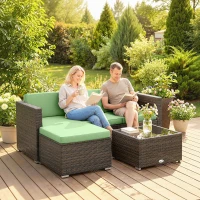 Outsunny 3 Pieces Patio Furniture Set with Cushions, Outdoor PE Rattan Wicker Conversation Corner Sofa Set, Light Green(m-10)