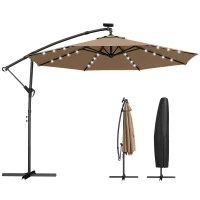 Outsunny 9.7 ft Cantilever Patio Umbrella with Solar Light, Garden Hanging Parasol with Cover, Tilt, Crank, Khaki(m-11)