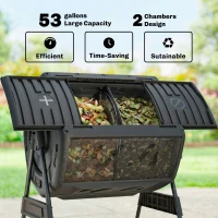 Outsunny Compost Bin Outdoor, 53 Gal Dual Chamber Tumbling Composter with Adjustable Vents, BPA Free Tumbling Composter, Black(m-4)