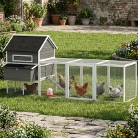 PawHut 137" Wooden Chicken Coop with Chicken Run, Nesting Box, Dark Grey(m-10)