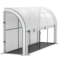 Outsunny Walk-in Lean-to Greenhouse, Outdoor Gardening Green House with Zipper Roll-up Doors and Window, 10' x 3' x 5', White(m-11)