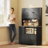 HOMCOM Kitchen Pantry Cabinet, 64" Tall Kitchen Hutch with 3 Cabinets, 2 Drawers, Adjustable Shelves, Microwave Stand, Black(m-9)