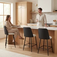 HOMCOM Bar Stools Set of 2, 26" Counter Height Bar Stools with PU Backrest, Linen-look Fabric Seat, Black(m-9)