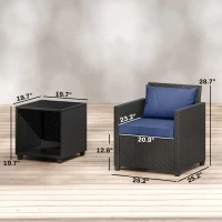 Outsunny 3 Piece Patio Bistro Set, Wicker Furniture Set with Thick Cushions, Glass Coffee Table and Chairs for Garden, Dark Blue(m-3)