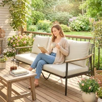 Outsunny 3 Seater Outdoor Patio Sofa, Outdoor Couch with Wood-Effect Armrests, Wicker Backrest, Cushions for Garden Yard, Khaki(m-10)