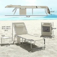Outsunny Tanning Chair with Face Hole and Side Table, 5-Position Folding Outdoor Chaise Lounge Chair, Beige(m-3)