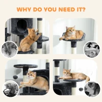 PawHut 62" Cat Tree with Scratching Post, 2 Condos, Hammock, Perches, Plush, Pompoms, for Indoor Cats, Dark Grey(m-10)