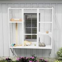 PawHut Wooden Catio Outdoor, Cat Window Box Enclosure for 2-3 Large Cats with 2 Jumping Platforms & Scratching Post, White(m-10)