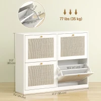 HOMCOM Narrow Shoe Storage Cabinet, Rattan Shoe Cabinet with 4 Flip Drawers and Adjustable Shelves for 20 Pairs, White(m-3)