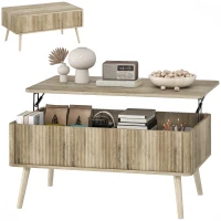 HOMCOM Lift Top Coffee Table with Storage, Center Table with Hidden Compartments and Pine Wood Legs for Living Room, Oak(m-2)