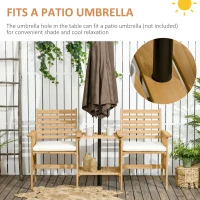Outsunny Outdoor Wood Loveseat with Middle Table, Garden Table and Chairs Set with Cushions and Umbrella Hole, 2-Seater Outdoor Furniture Set for Balcony, Patio, Brown(m-5)