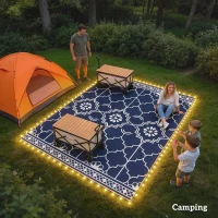 Outsunny Reversible Outdoor Rug Carpet with LED Lights, 12' x 9' PP Straw Rug with Carry Bag and Ground Stakes(m-8)