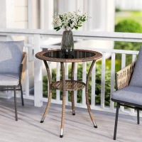 Outsunny Outdoor Rattan Dining Table, Patio Wicker Round Coffee Table with 2-Tier Storage Shelf, Brown(m-10)