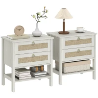 HOMCOM Set of 2 Boho Bedside Tables, Rattan Nightstands with 2 Drawers, Storage Shelf, End Side Tables for Bedroom, White Oak(m-11)