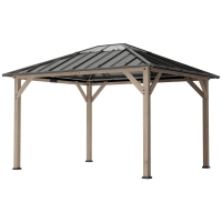 Outsunny 10' x 12' Hardtop Gazebo with Galvanized Steel Roof, UPF50+ Wood Permanent Pavilion with Clear Roof Top, Light Walnut