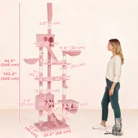 PawHut 94"-102" Floor to Ceiling Cat Tree High Cat Condo Scratching Post Activity Center Multi-Level Play House Pink(m-3)