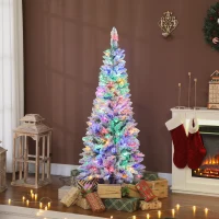 HOMCOM 5ft Flocked Christmas Tree with Dual Colour LED Light, Pencil Hinged Xmas Tree with 11 Light Modes, Easy Assembly(m-1)