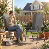 Outsunny Folding Patio Chairs Set of 2, Padded High Back Lawn Camping Chairs with Armrests, 600D Oxford Fabric, Light Gray(m-10)