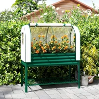 Outsunny Galvanised Raised Garden Bed with Greenhouse Cover, Metal Elevated Garden Bed with Bed Liner, Bottom Shelf, Green(m-2)