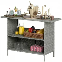 Outsunny Wicker Outdoor Bar Table, PE Rattan Bar Height Patio Table with 2 Shelves, Steel Frame for Garden, Backyard, Dark Grey(m-2)