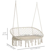 Outsunny Patio Hammock Chair 2 Seat, Hanging Rope Hammock Swing Chair with Metal Frame and Cushion, Large Macrame Seat for Indoor and Outdoor 396 lbs Capacity, Cream White(m-3)