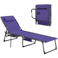 Outsunny Folding Outdoor Chaise Lounge Chair Tanning Chair with 5-Level Adjustable Back, Side Table, Pillow, Pocket, Purple(m-11)