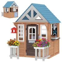 Qaba Wooden Kids Playhouse with Pet Door, Play Kitchen, Mailbox, Doorbell, Birdhouse, Fence and Windows for Pretend Play(m-1)