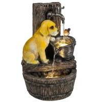 Outsunny 22" Outdoor Fountain with 3-Tier Puppy Theme, Resin Garden Fountain with LED Lights, Adjustable Flow, Rustic Brown(m-1)