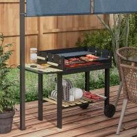 Outsunny Charcoal Grill,Barbecue Trolley with Double Adjustable Grill, Side Table, Storage Shelf and Wheels, Black(m-1)