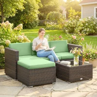 Outsunny 3 Pieces Patio Furniture Set with Cushions, Outdoor PE Rattan Wicker Conversation Corner Sofa Set, Light Green(m-1)