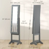 HOMCOM Free Standing Armoire Organizer, Lighted Mirrored Jewelry Cabinet w/ Angle Adjustable & 16 LED Lights, Grey(m-3)