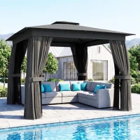 Outsunny 10' x 10' Outdoor Patio Gazebo, Soft Top Gazebo Canopy Shelter with Curtains, Netting, Steel Frame, Hook, Dark Gray(m-11)