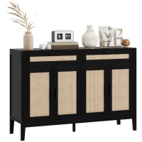 HOMCOM Kitchen Sideboard Cabinet, Boho Buffet Table with Decorative Rattan Doors and Drawers for Dining Room, Black(m-11)