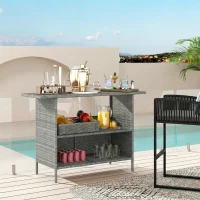 Outsunny Wicker Outdoor Bar Table, PE Rattan Bar Height Patio Table with 2 Shelves, Steel Frame for Garden, Backyard, Dark Grey(m-1)