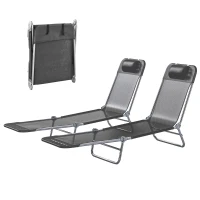 Outsunny 2 Piece Sun Loungers, Folding Chaise Lounge Chairs with Reclining Back, Breathable Mesh Seat, Headrest, Black(m-1)