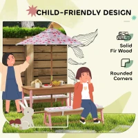 Qaba Kids Picnic Table and Bench Set with Removable Umbrella, Cushions & Boxes, Flamingo Theme for Outdoor, Pink(m-6)