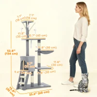 PawHut 53" Cat Tree Tower, Kitten Activity Centre with Scratching Posts, Condo, Perches, Ladder, Hammock, Dangling Toys, Grey(m-3)