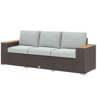 Outsunny 3-Seater Outdoor Sofa Couch, Wicker Patio Sofa with Wood Effect Armrests and Thick Cushions, Grey(m-2)